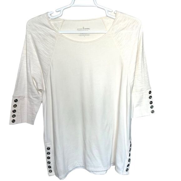 Neon Buddha 3/4 Sleeve White Top Womens Size L w/ Button Detail Cotton Blend - Picture 1 of 6